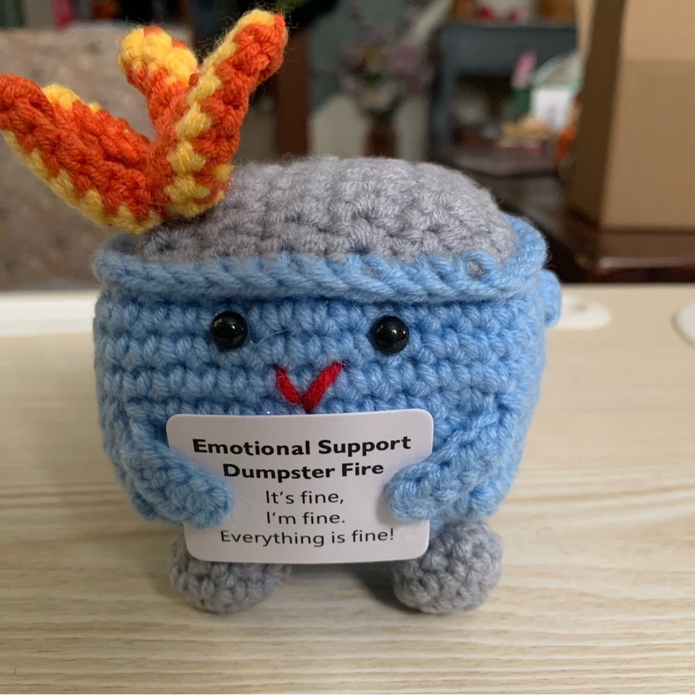 Blue and Gray Crochet Emotional Support Dumpster Fire
